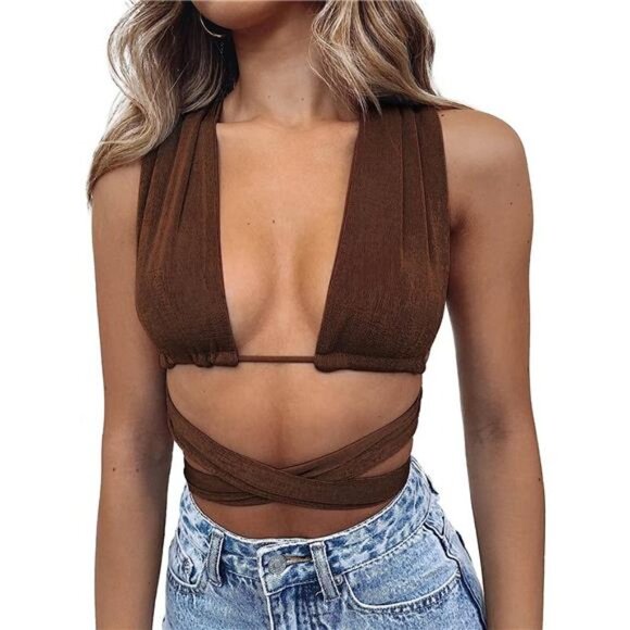Brown Multi Way Wrap Halter Crop Top Backless Sexy Cutout Bandage Y2K Top - Picture 2 of 5